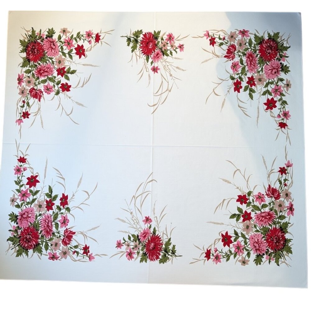 Vintage Floral Tablecloth MCM Red Pink Chrysanthemum Print Mum Flower‎ 51 x 60”